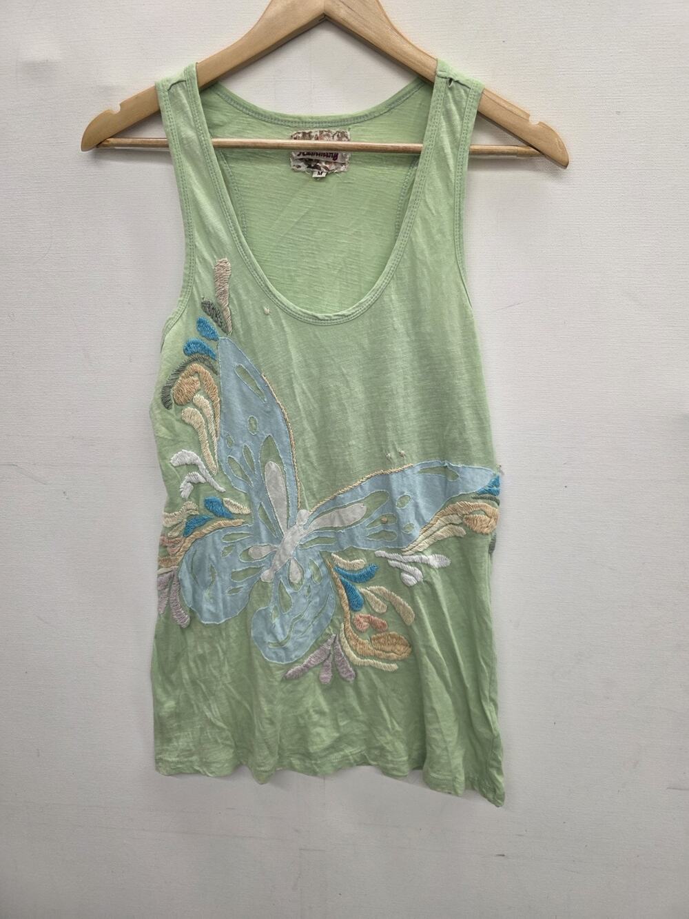 Humming Butterfly Long Tank Top Green Ladies Size Medium See Flaw